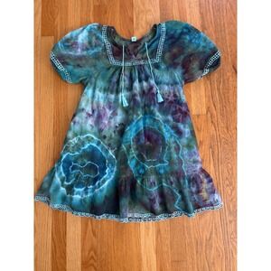 Old Navy Ice Dye Upcycled Boho Mini Dress Teal Purple Tie Dye Lace Trim Medium